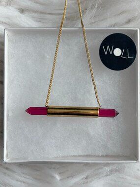 Share Woll Red Faux Crystal Gold Tone Horizontal Pendant Necklace Acetate
